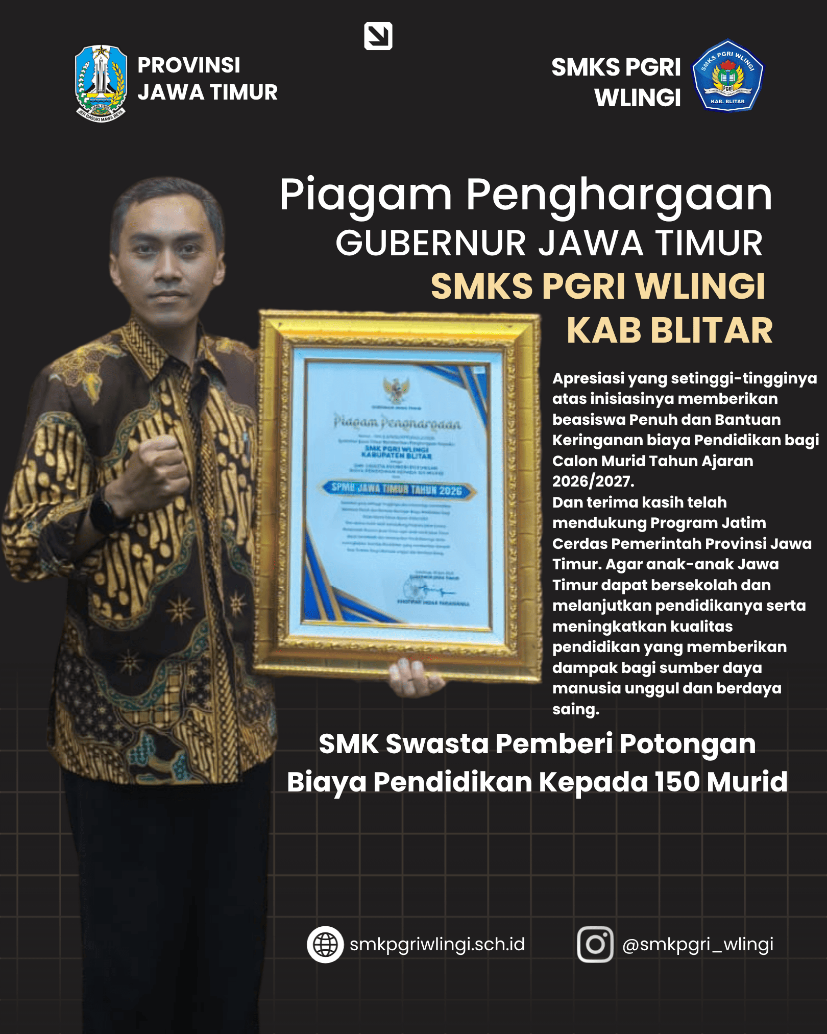 Piagam Penghargaan Gubernur Jawa Timur  SMKS PGRI WLINGI KAB Blitar